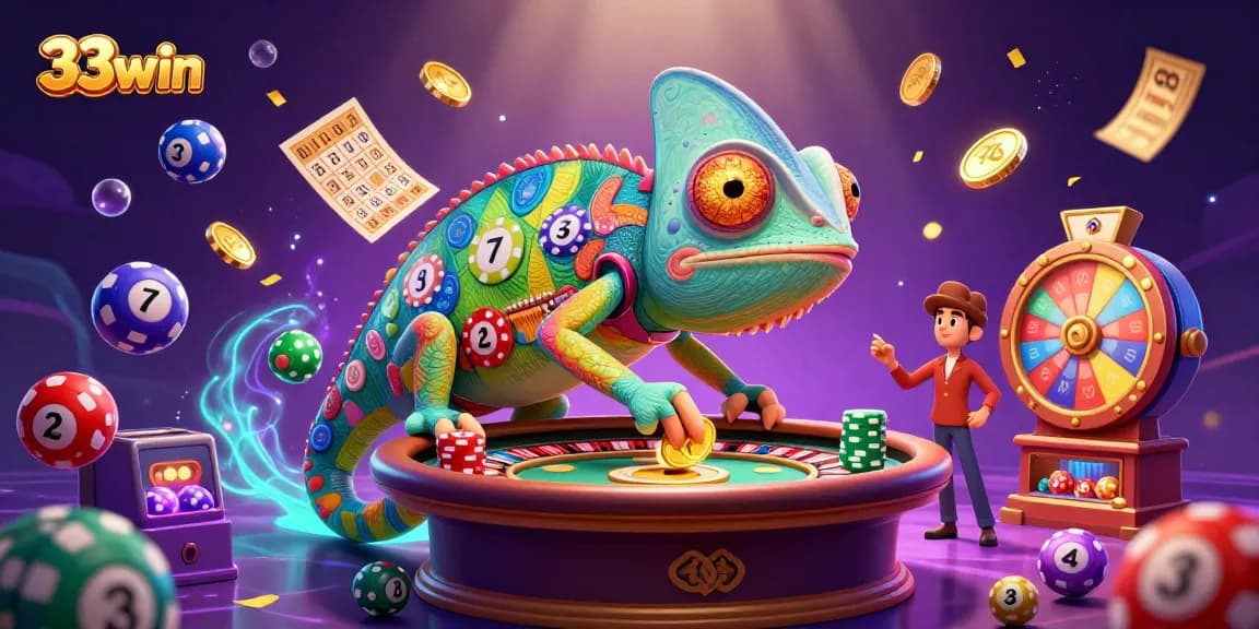 Experience thrilling wins with 33win as colorful lottery balls bounce and golden coins flutter in this vibrant casino scene.