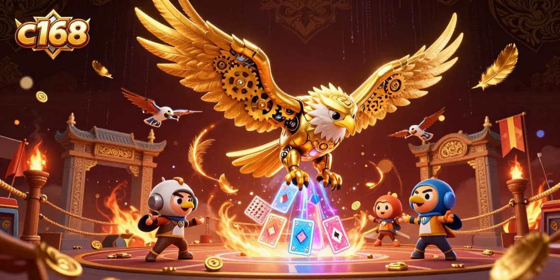 Experience winning strategies at C168’s vibrant casino scene featuring a golden eagle amidst dynamic gaming elements.