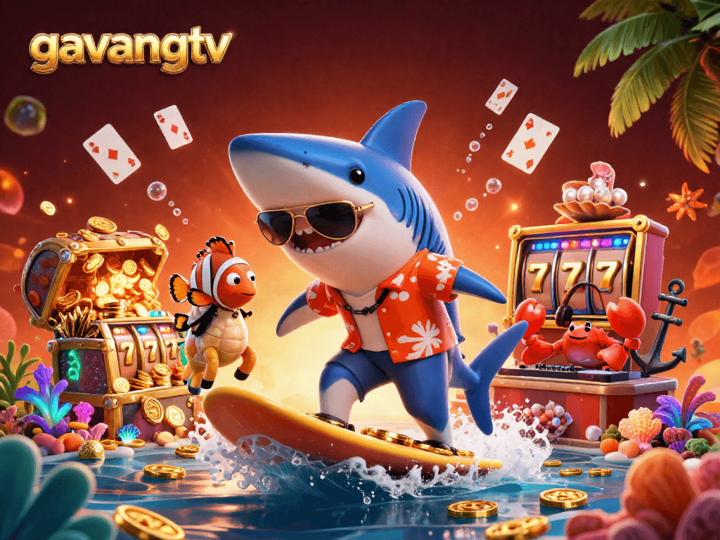 Experience gaming excitement with gavangtv; a vibrant 3D scene of a shark, clownfish, and crab in an underwater casino setting.