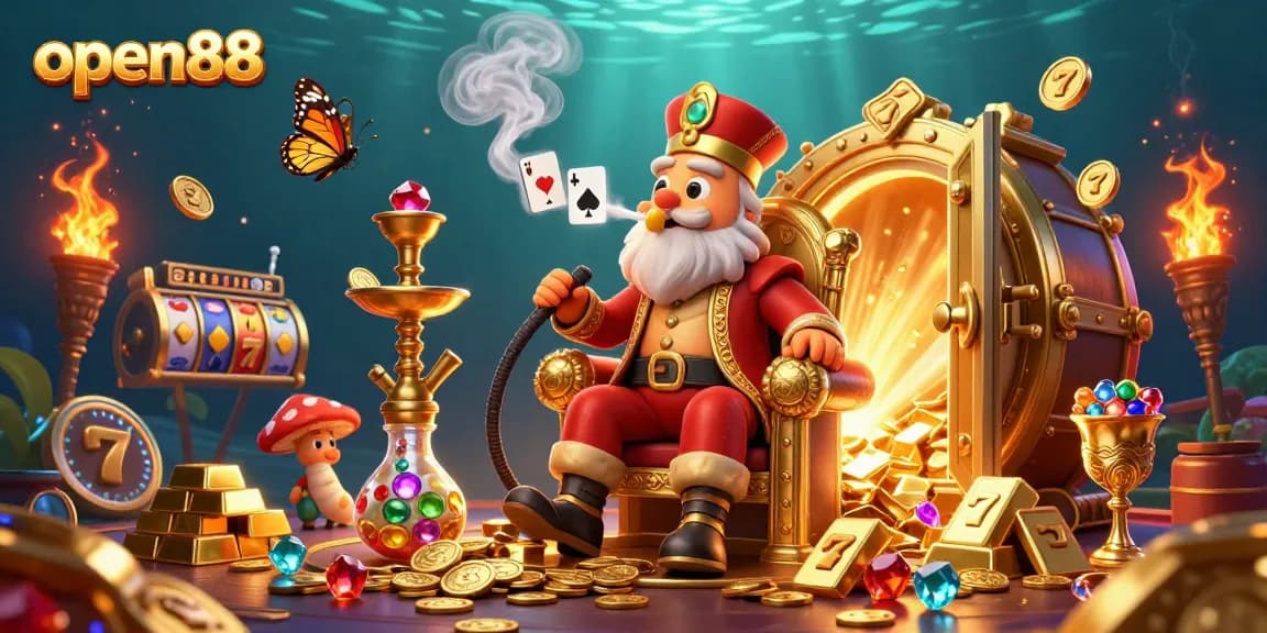 Win big with open88 in this vibrant 3D casino scene, featuring unique elements and characters.