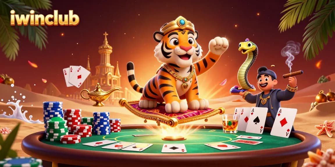 Experience the magic of iwinclub with the tiger sultan and poker-themed elements in a rich casino world.