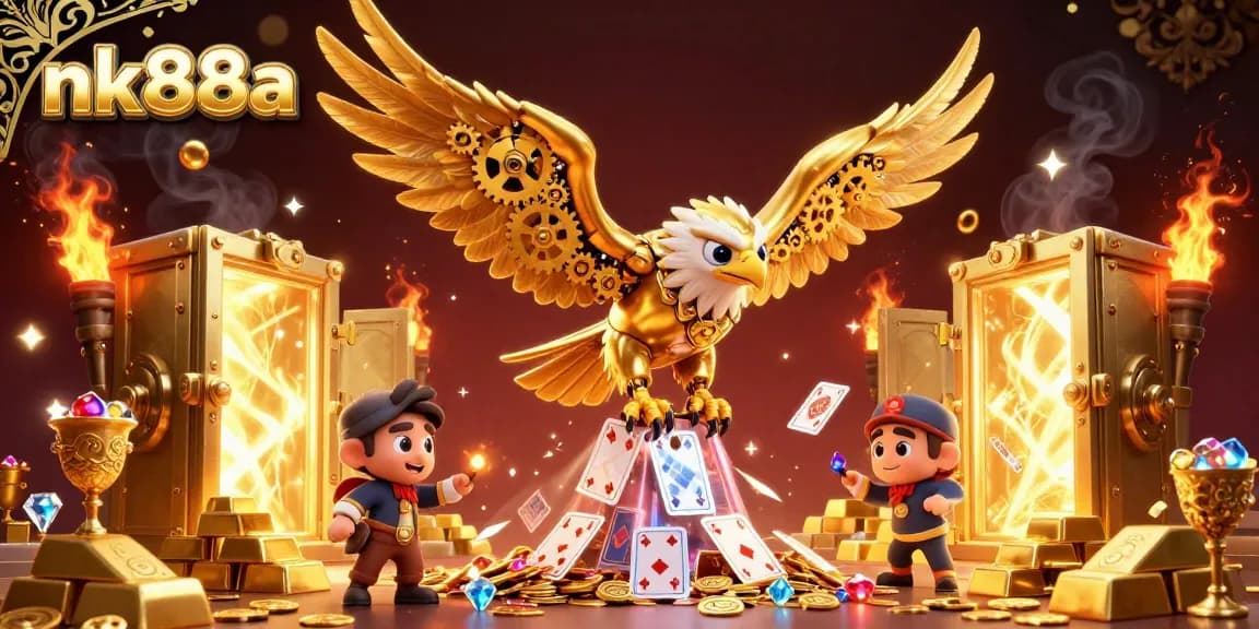 Engage with exciting gaming elements at nk88a, showcasing a vibrant 3D illustration of a golden eagle amidst treasure.