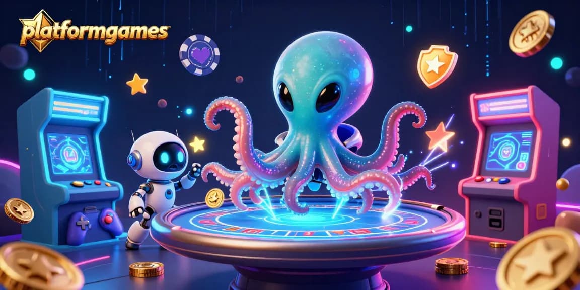 Experience thrilling gameplay on platformgames with a space-suited alien octopus operating a holographic poker table.