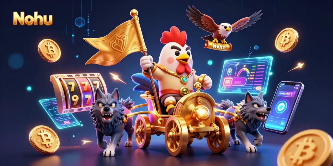 Nohu brings excitement with a dynamic 3D illustration of a rooster warlord in a golden chariot amidst slot game symbols and crypto elements.