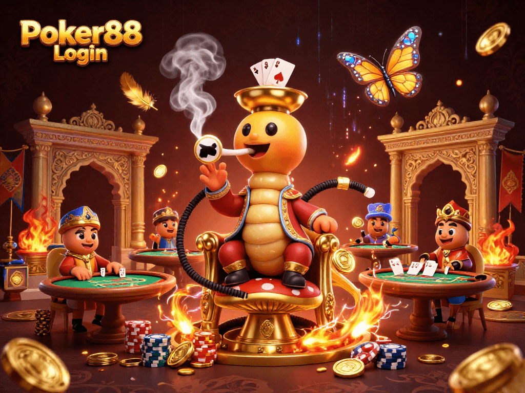 Join the excitement at Poker88 Login with a vibrant poker scene featuring a magical caterpillar master.