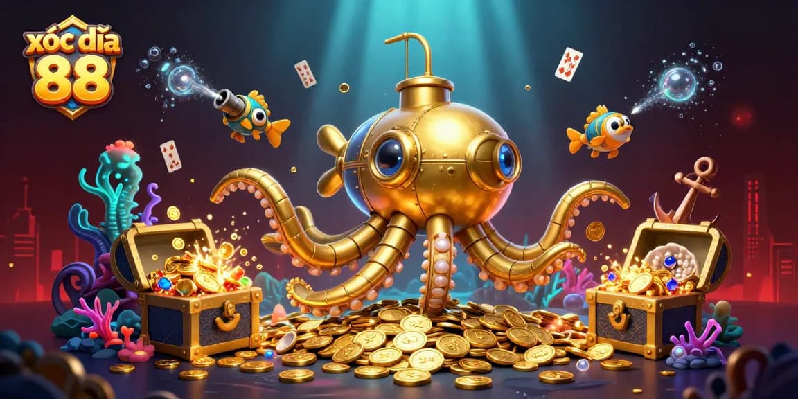 Xóc đĩa 88 brings excitement as the golden kraken submarine navigates through treasure in a thrilling underwater world.