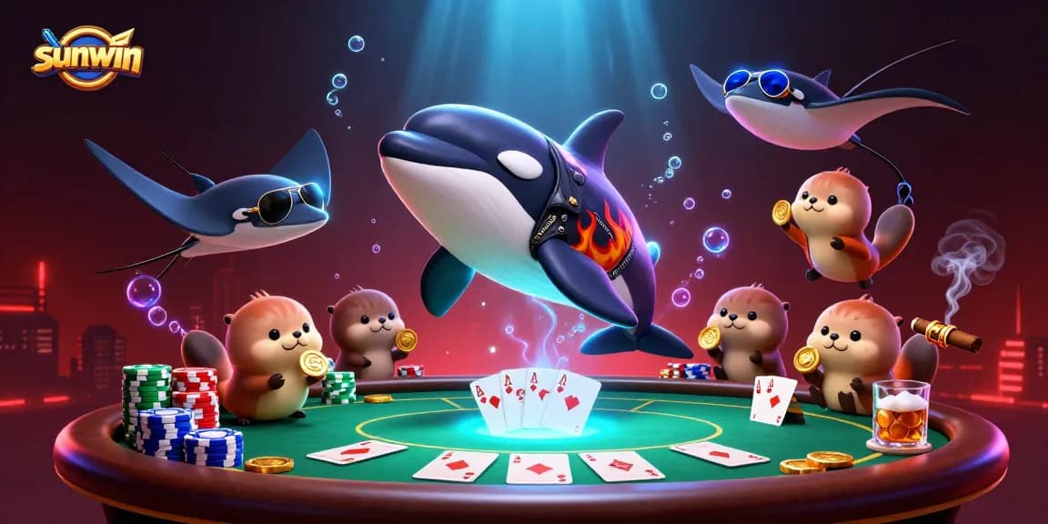 sunwin showcases an adventurous scene with a biker whale and otters winning golden coins at a poker table