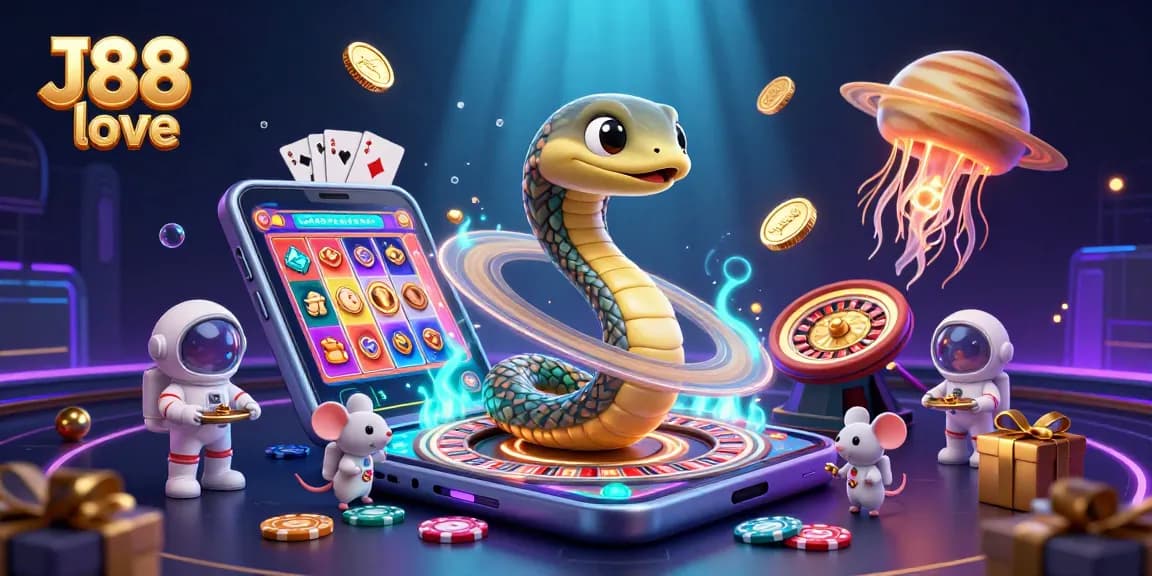 Experience the thrill of J88 love with a cosmic casino adventure in this vibrant illustration.