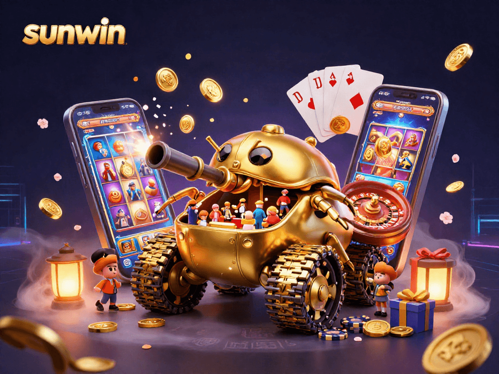 Sunwin casino illustration featuring a golden beetle tank revealing a vibrant miniature casino