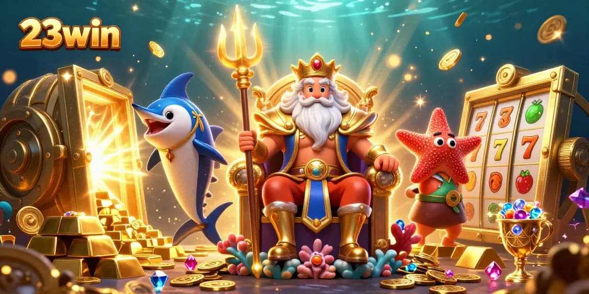 Experience the vibrant world of 23win slots with Neptune surrounded by treasures.