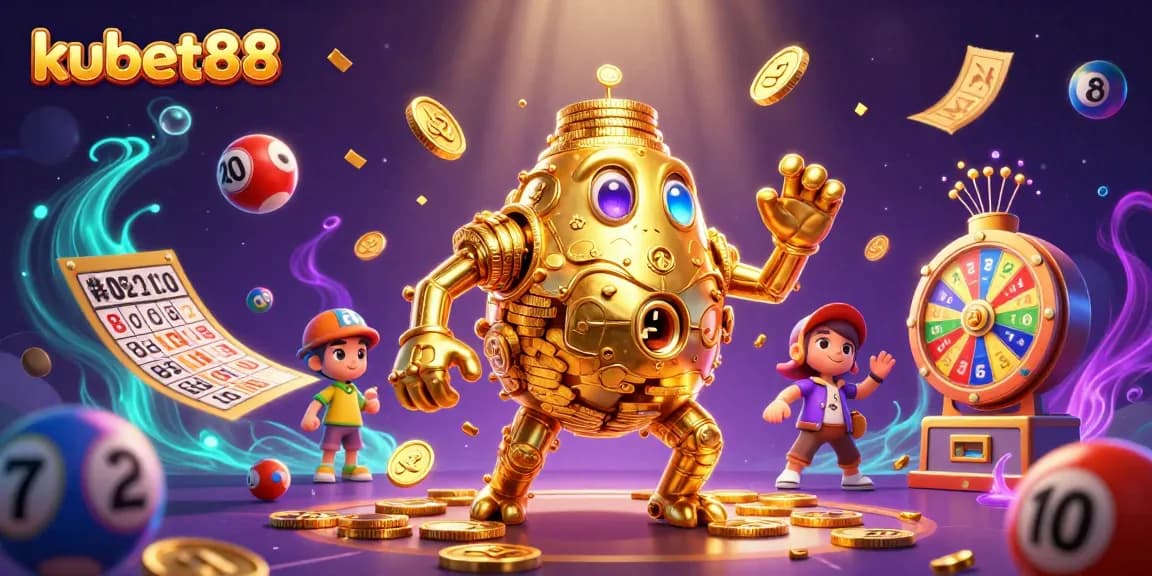 Engage with kubet88's thrilling lottery experience featuring vibrant balls, bingo cards, and dazzling golems.