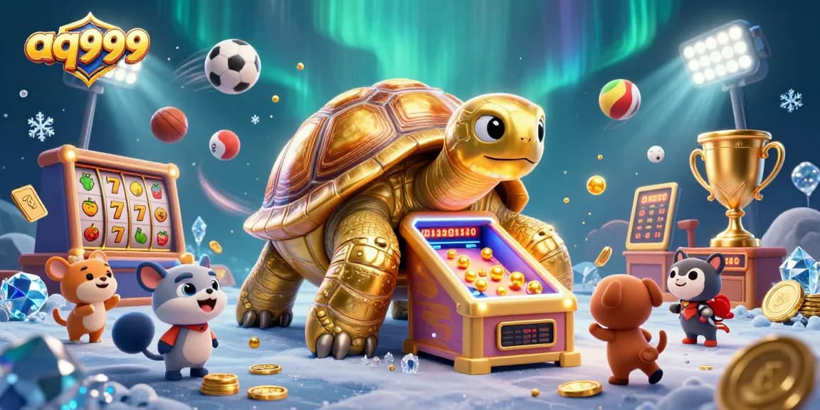 Experience thrilling gaming action at aq999 with a vibrant 3D illustration of a colossal golden tortoise pinball machine.