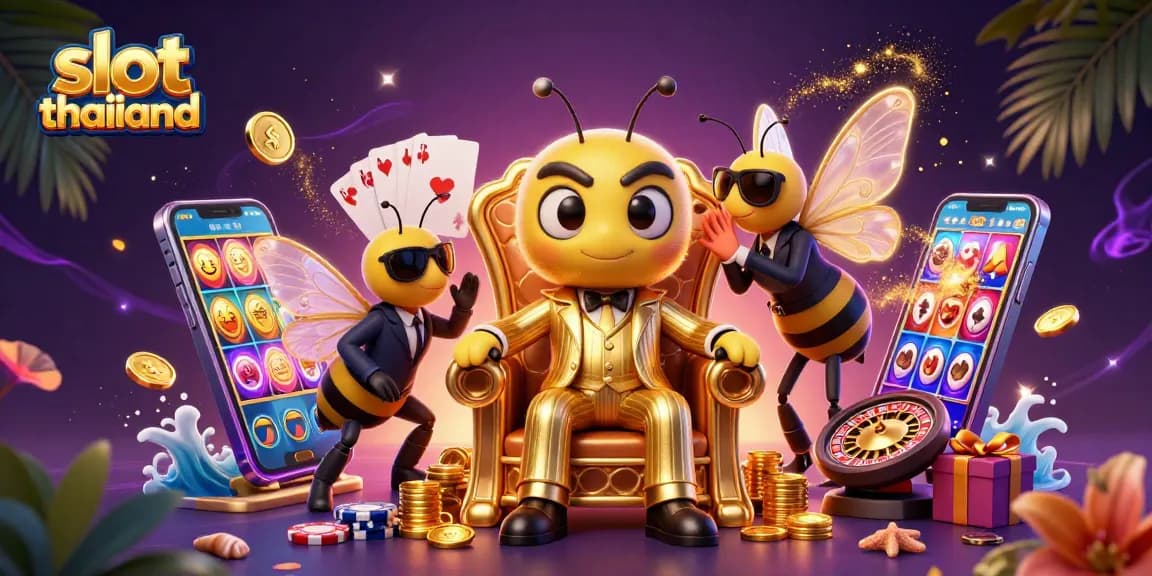 Play exciting slot thailand with spinning reels and winning symbols in vibrant 3D cartoon illustration.