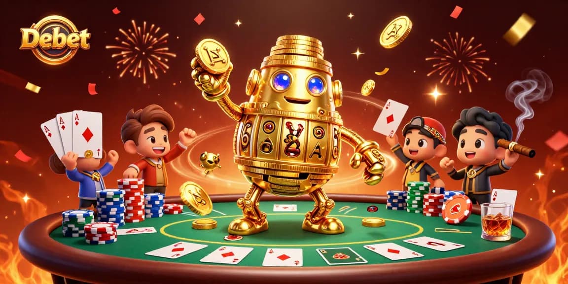 Experience the thrill of betting with Debet's vibrant casino scene featuring dynamic characters and poker elements.