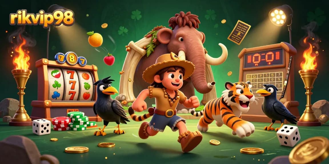 Experience slot gaming excitement with rikvip98 at a prehistoric casino featuring vibrant 3D characters.