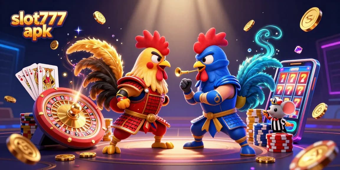 Experience thrilling action in slot777 apk as roosters battle amidst cascading coins and sparking gems.