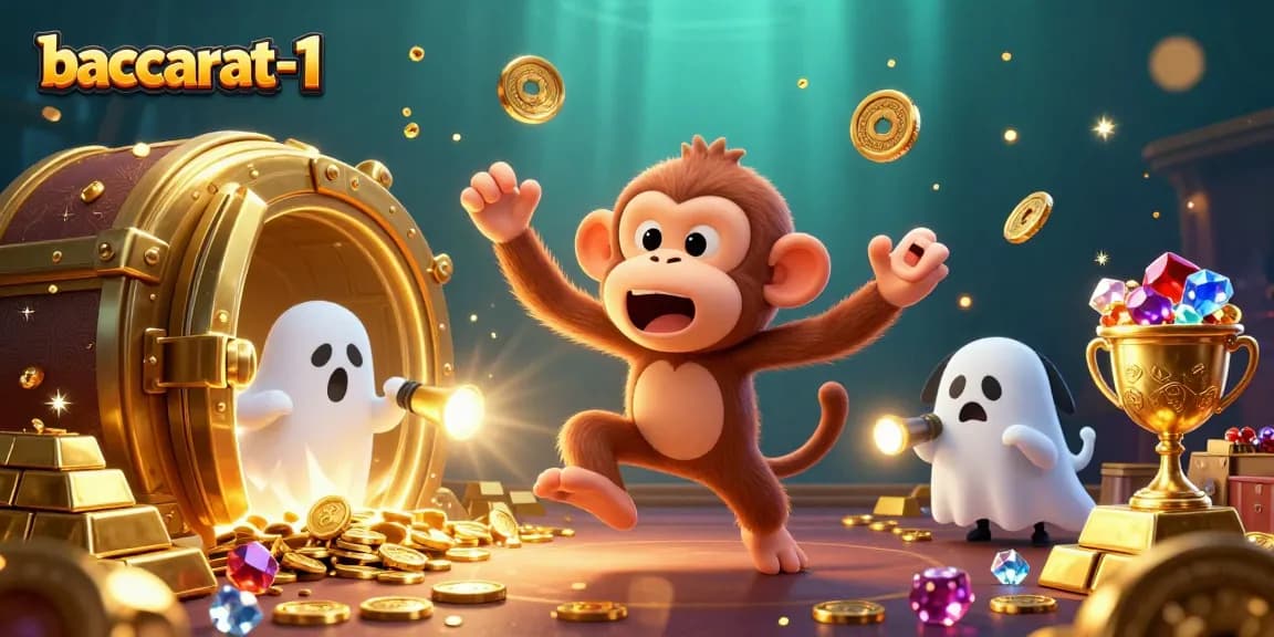 Baccarat-1 showcases thrilling moments with golden coins and a puppy tracking a playful poltergeist in a haunted casino.