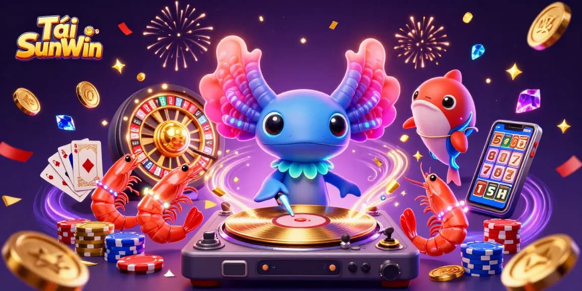Tải SunWin spins with a vibrant 3D illustration of a DJ axolotl and casino elements, igniting excitement.