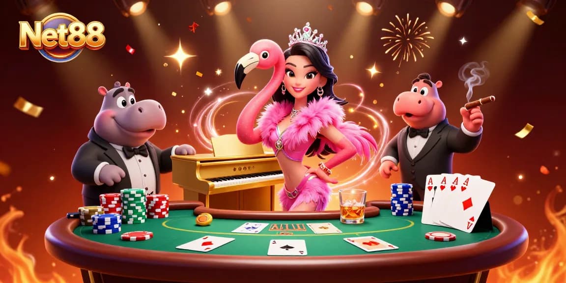 See the vibrant Net88 casino scene with a flamingo singer and a hippo bassist, filled with poker excitement.