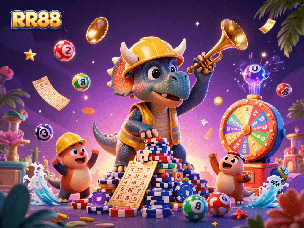 RR88 players celebrate big wins with vibrant visuals and exciting casino games in a dynamic scene.