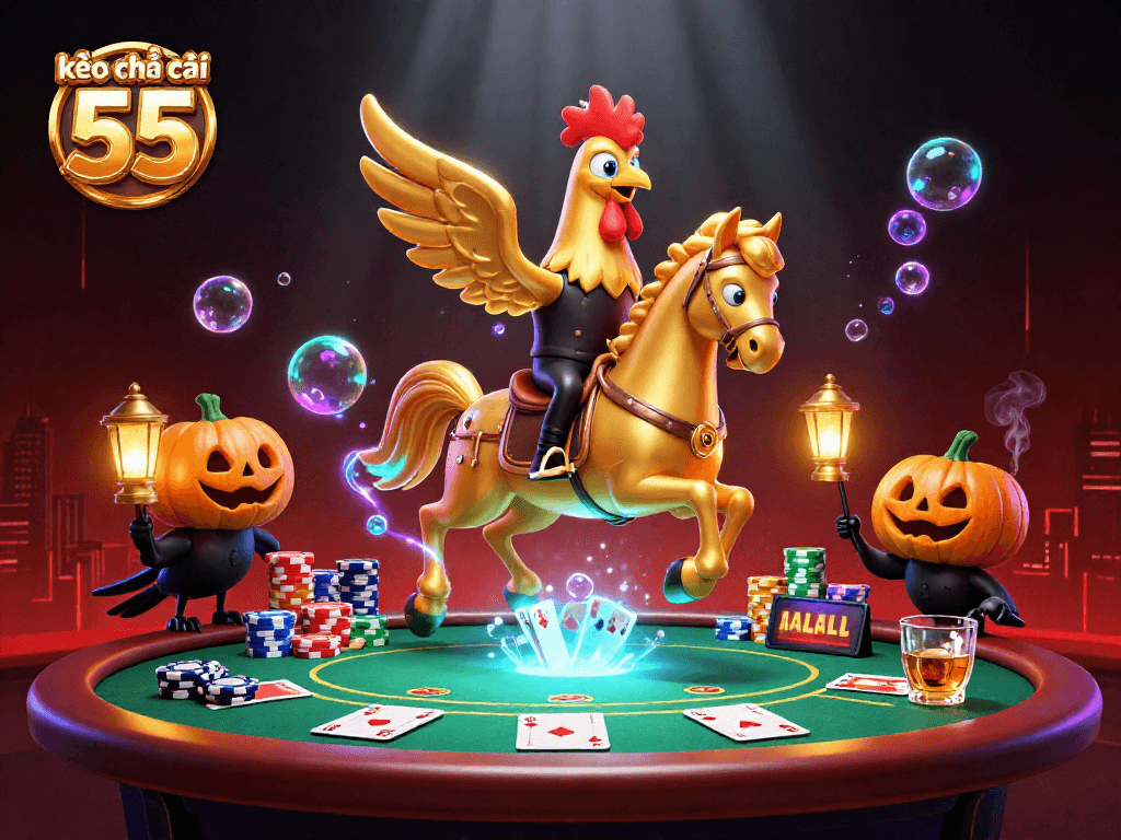 Experience the vibrant kèo nhà cái 55 scene filled with golden roosters and poker excitement