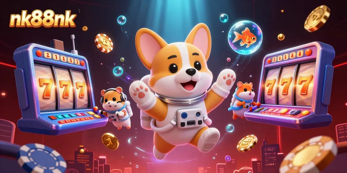 Engage with nk88nk in a vibrant space casino, featuring a corgi astronaut and animated slot elements.