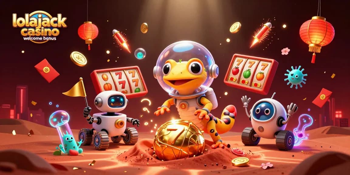 Experience the excitement of the lolajack casino welcome bonus with a vibrant Martian casino illustration.