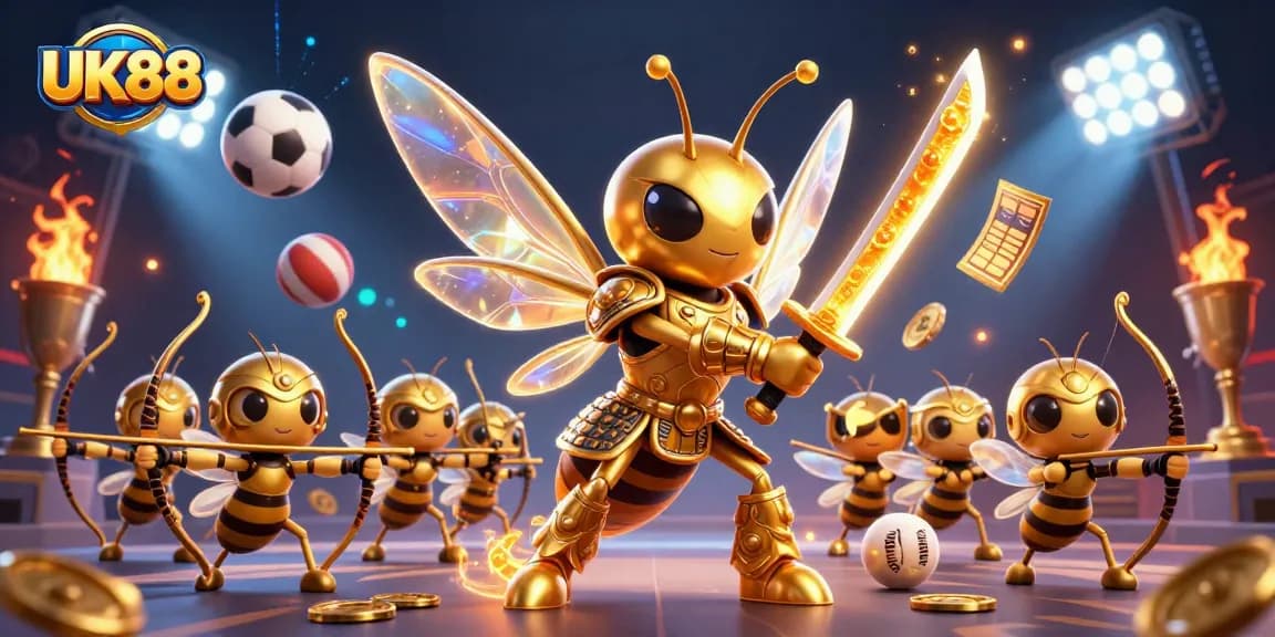 UK88 offers dynamic betting action with a giant golden hornet leading a squad in a vibrant casino scene.