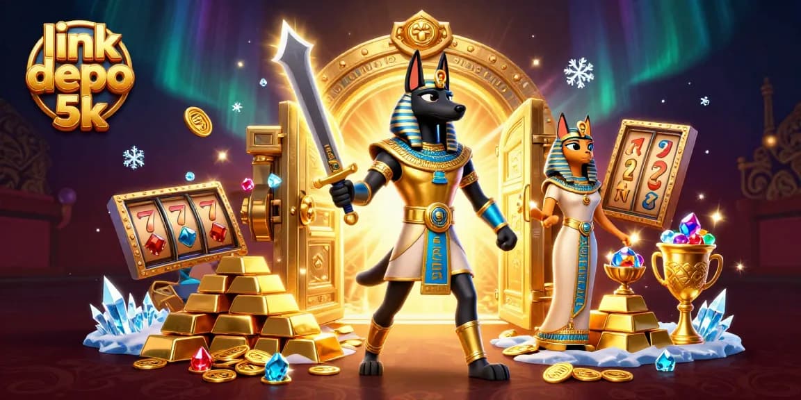 Win big with link depo 5k as Anubis and Bastet guard treasure in a vibrant 3D casino scene.