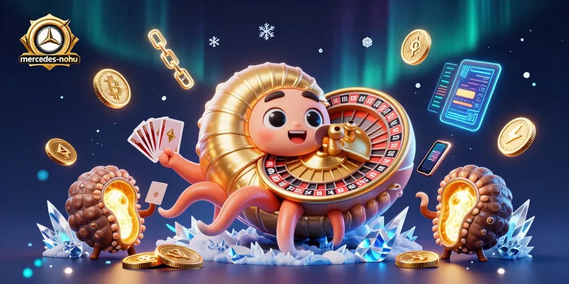 Engage with mercedes-nohu's cosmic casino scene featuring swirling Bitcoin and Ethereum coins.