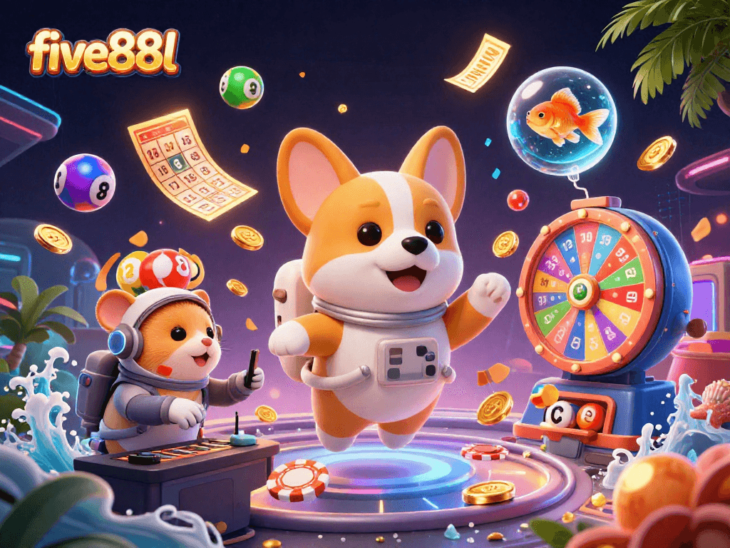 Experience the excitement of five88l with a playful astronaut corgi in a dynamic casino scene filled with joy.