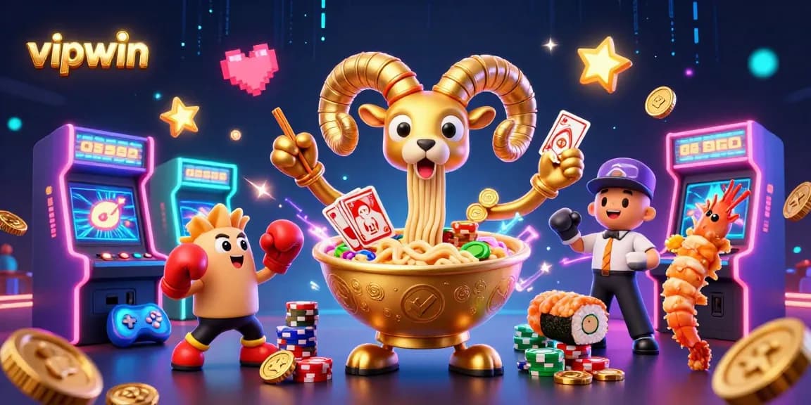 Play exciting games with vipwin, featuring a vibrant 3D illustration of a golden ramen bowl dealer surrounded by arcade machines.