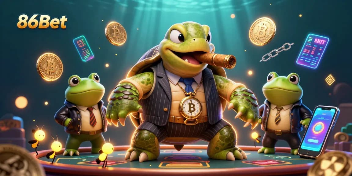 Join the action at 86Bet with characters featuring a turtle mobster and frog enforcers amid intriguing gaming elements.
