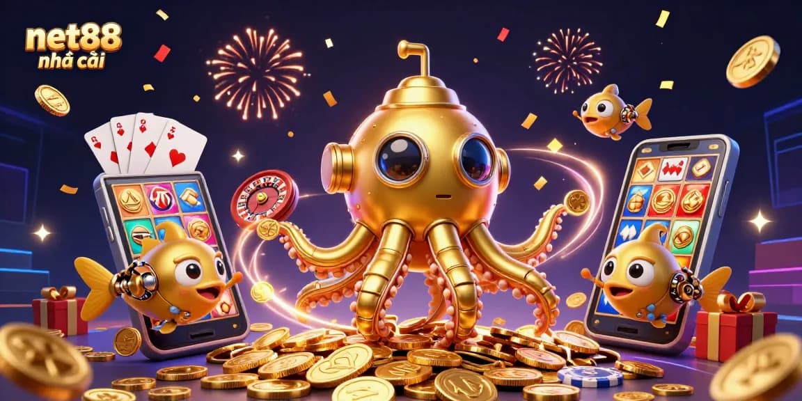 Engage with net88 nhà cái as the golden kraken submarine emerges from coins amidst vibrant casino elements.