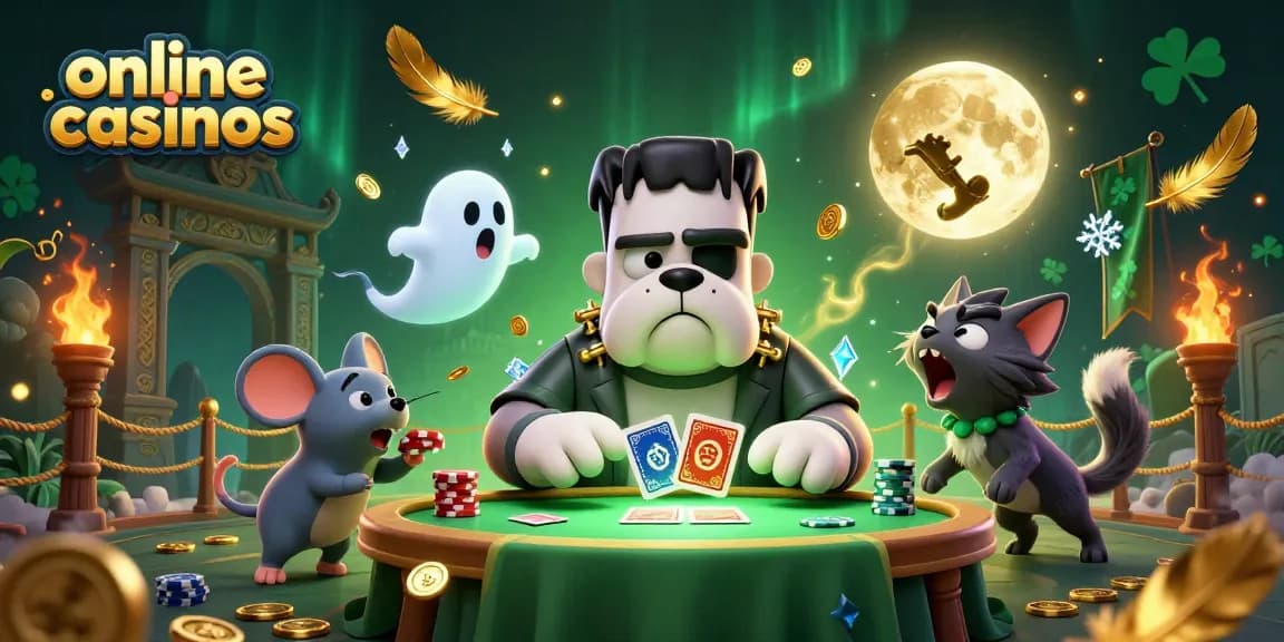 Experience online casinos excitement with 3D cartoon characters at a vibrant gambling table.