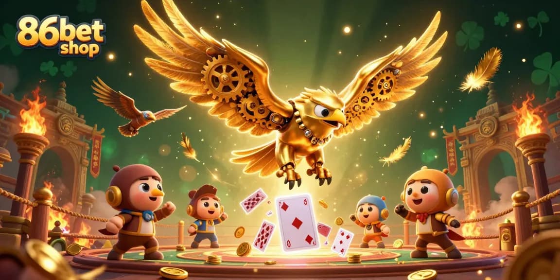 Win big with 86bet shop in a thrilling 3D illustration showcasing golden eagle and casino elements.