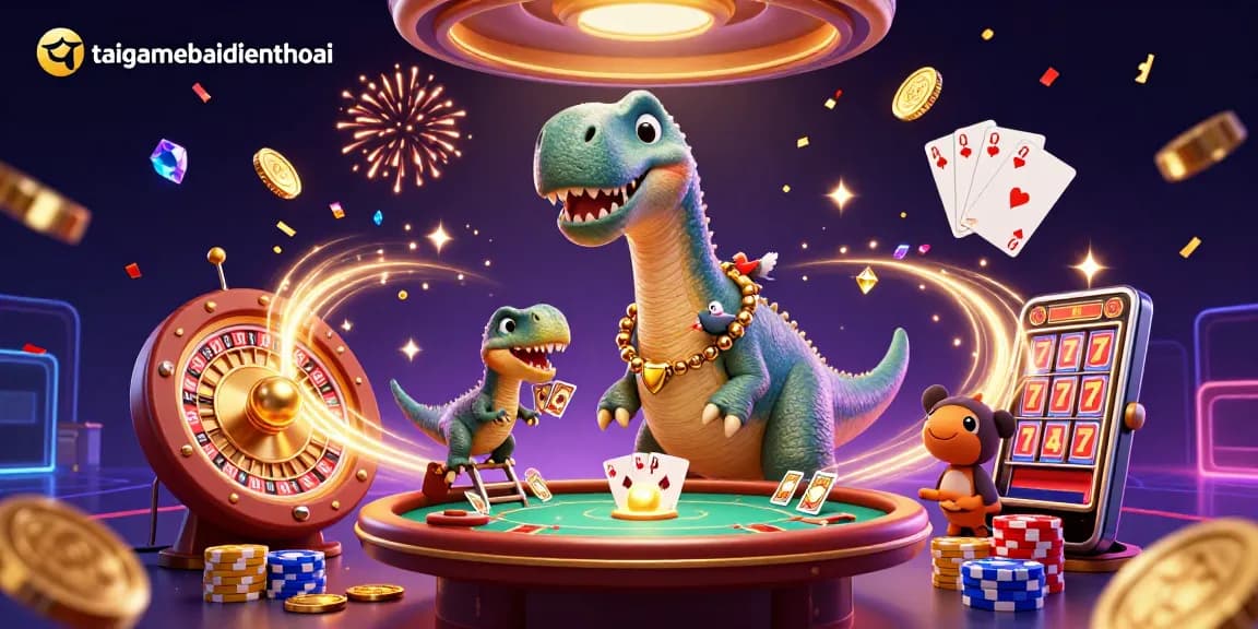 Engage with taigamebaidienthoai in a vibrant 3D casino scene featuring a playful dinosaur and raptor dealer.