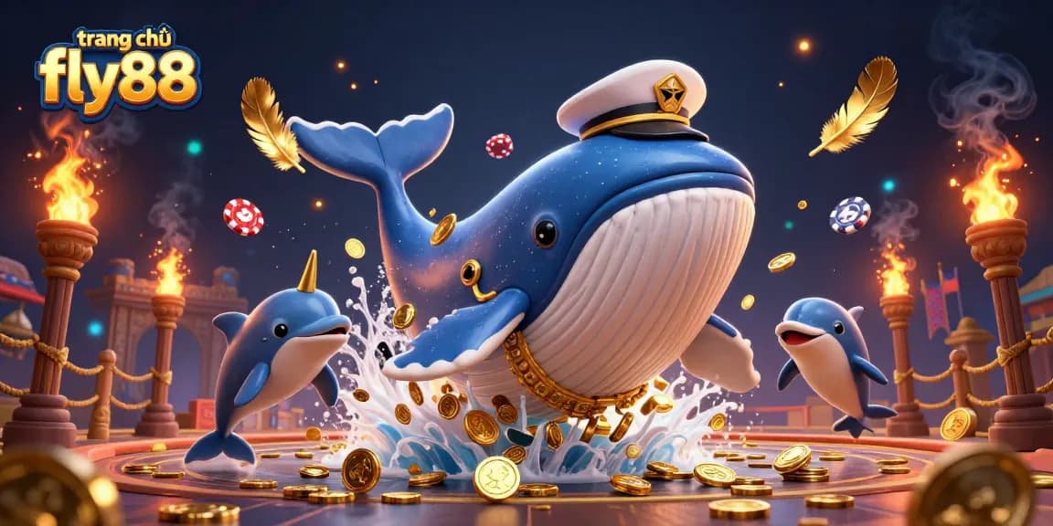 Exciting gameplay at trang chủ fly88 with a giant cartoon whale and playful dolphins amid cascading coins and poker chips.