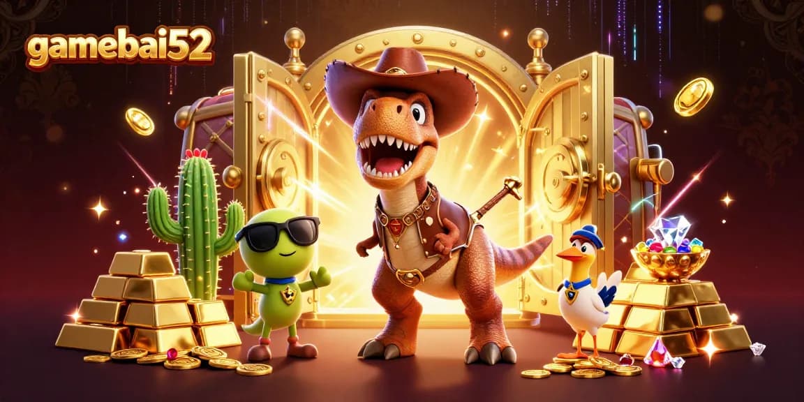 gamebai52 showcases thrilling casino action with a vibrant dinosaur and whimsical characters.