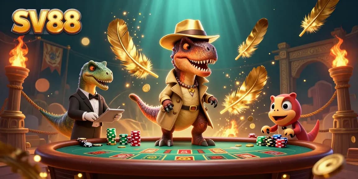 SV88 showcases a dynamic blackjack scene with a velociraptor, stegosaurus, and compy in action.