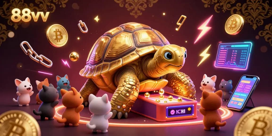 Engage with the vibrant 88vv crypto casino world, featuring a golden tortoise pinball machine and floating digital elements.