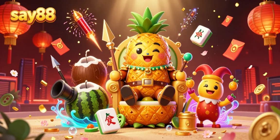 Experience the vibrant casino world of say88 with a golden pineapple king and tropical themes.