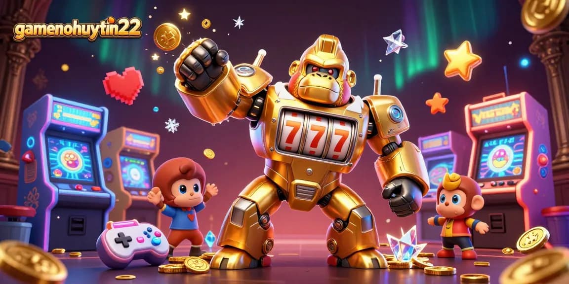 Engage with gamenohuuytin22 through an energetic scene featuring a golden gorilla mech and vivid casino game elements.
