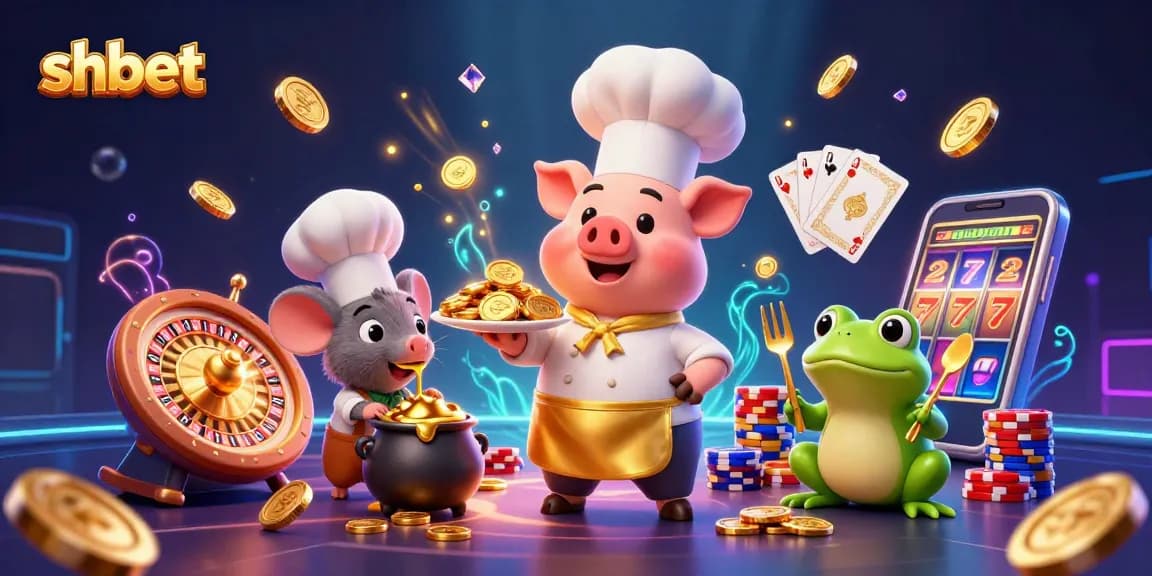 Engage with shbet's exciting offerings as a chef pig presents gold coins amid lively casino elements.