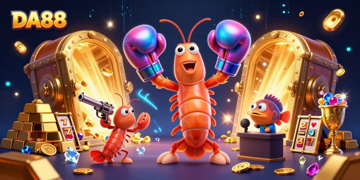 DA88 showcases a vibrant casino scene with shrimp characters amidst treasures and slot elements.