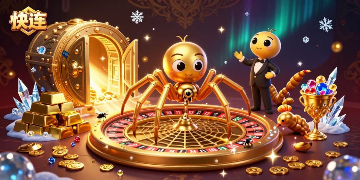 Engage in thrilling bets with 快连, featuring a gold spider and centipede dealer among sparkling gaming elements.