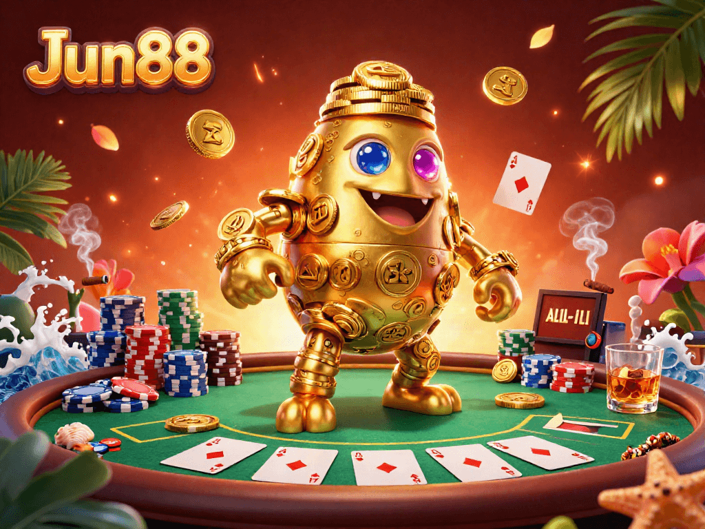 Engage with Jun88's dynamic poker scene featuring a golden golem and vibrant game elements.