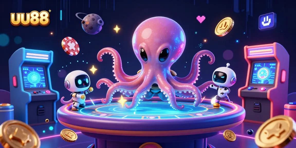 uu88 octopus dealer operates holographic poker amid glowing arcade games.