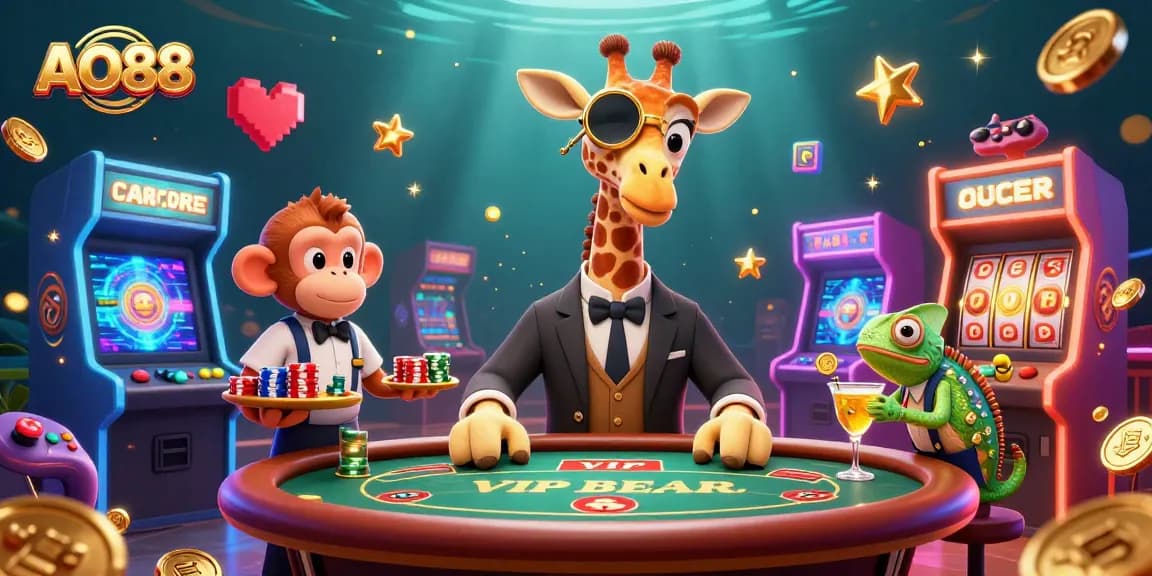 Play exciting games at AO88 with a dazzling giraffe, monkey, and chameleon in a vibrant casino scene.