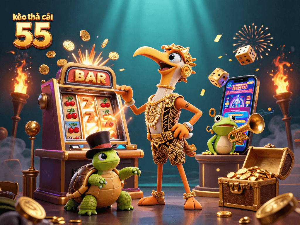 Engage with kèo nhà cái 55 in a lively casino scene featuring captivating characters and vibrant game elements.